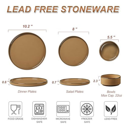 LIANYU Dinnerware Sets for 4, 12 Piece Modern Stoneware Dishes Set | Elegant Plate and Bowl, Ceramic Dining Dishware for Dinner, Rustic Terracotta Bottom, Microwave & Dishwasher Safe, Amber Gold - color: Amber Gold