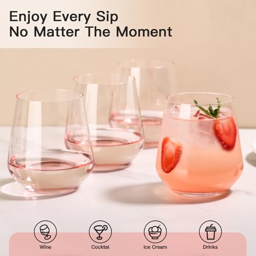 JOVGANK Pink Stemless Wine Glasses Set of 6 - Hand Blown White Red Stemless Wine Glass - 17 oz, [Lead-Free Crystal Glass] Large Short Glass Tumblers, Housewarming Gifts and Mother's Day Gift - color: Pink
