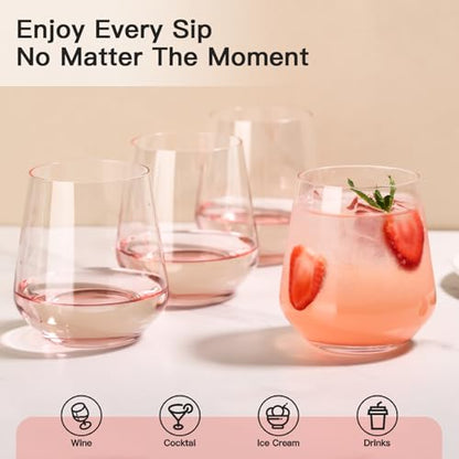 JOVGANK Pink Stemless Wine Glasses Set of 6 - Hand Blown White Red Stemless Wine Glass - 17 oz, [Lead-Free Crystal Glass] Large Short Glass Tumblers, Housewarming Gifts and Mother's Day Gift - color: Pink