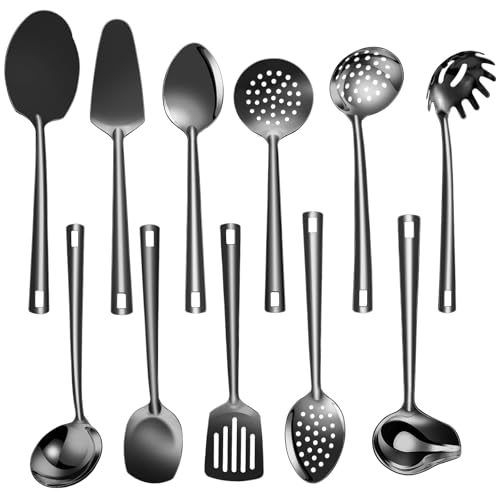 Lazycorner Cooking Utensil Set 11 Pcs Stainless Steel Kitchen Utensils Set Wok Utensils Kitchen Tool Set Spatula Set Heat Resistant Metal Kitchen Tools Ergonomic HandleEasy to Clean Dishwasher Safe - color: Black