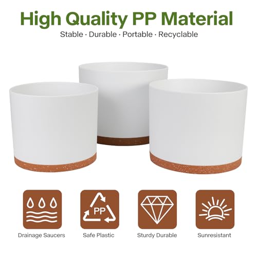 3 Pack Cylinder Planter Set 10/9/8 Inch White Indoor Plant Pots | Modern flower pots with drainage holes and saucers. For outdoor garden, succulent, nursery, and house plants. - color: White-brown