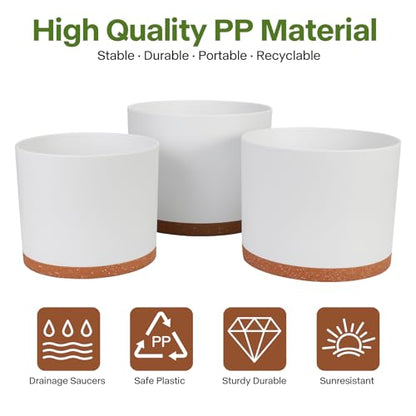 3 Pack Cylinder Planter Set 10/9/8 Inch White Indoor Plant Pots | Modern flower pots with drainage holes and saucers. For outdoor garden, succulent, nursery, and house plants. - color: White-brown