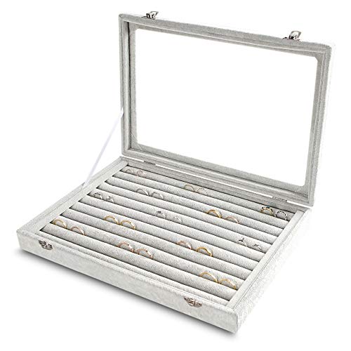 10 Slots Ring Organizer Tray,Velvet Ring Box with Clear Lid | Velvet Lining,Fits Various Rings and Stud,Glass Lid,Dustproof Design,for Personal Use and Jewelry Display,for Women Girls - color: Grey, size: 10 Slots
