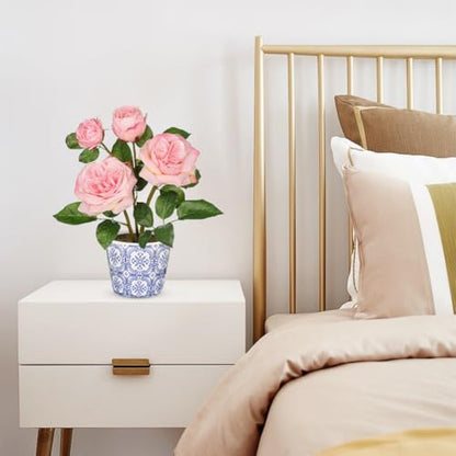 Hollyone Pink Real Touch Roses Artificial Flowers in Vase Blue and White Porcelain Ceramic Pot 13.4" Fake Roses Flower Arrangement Artificial Plants & Flowers Potted Plant Faux Silk Rose Flower - color: Rose 3 - Pink (13.4inch)