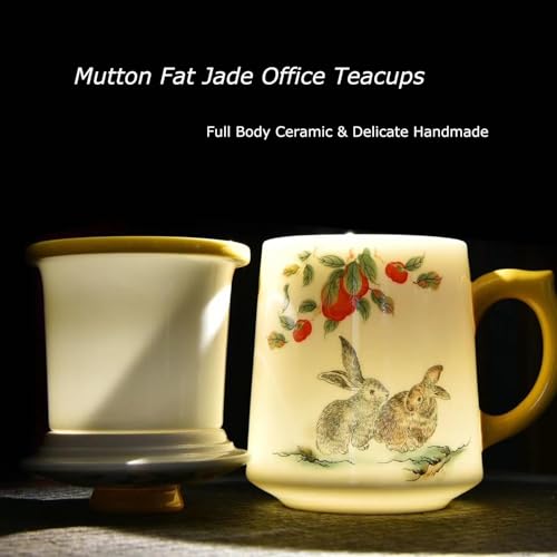 Ceramic Tea Mug with Infuser and Lid, Rabbit Pattern, 11.8 fl oz (350ml) | Ceramic tea cup with infuser and lid, Jingdezhen porcelain, matching saucer, removable strainer, for tea at home or office - color: Suet Jade-Rabbit