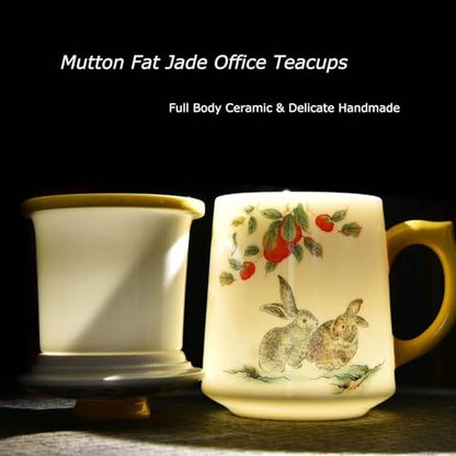 Ceramic Tea Mug with Infuser and Lid, Rabbit Pattern, 11.8 fl oz (350ml) | Ceramic tea cup with infuser and lid, Jingdezhen porcelain, matching saucer, removable strainer, for tea at home or office - color: Suet Jade-Rabbit