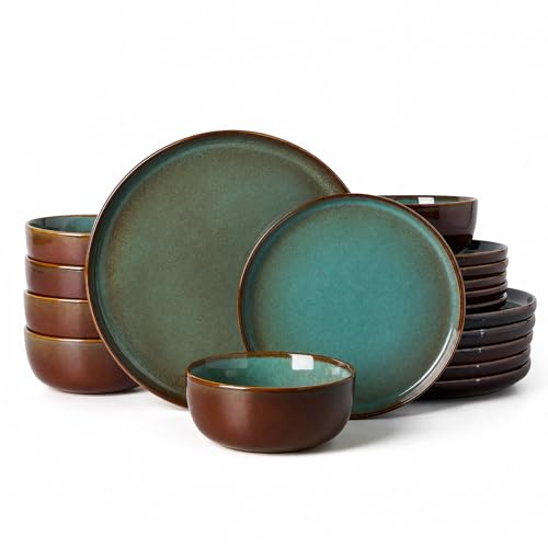 Famiware Milkyway 18-Piece Stoneware Dinnerware Set, Moss Green & Cocoa | Plates and Bowls for 6, Handmade Reactive Glaze Dish Set, Microwave & Dishwasher Safe, Chip & Scratch Resistant - color: Moss Green & Cocoa, size: Service for 6 (Standard Dinner Set