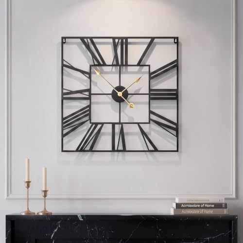 Cuspin 24 Inch Square Wall Clock, Large Black Metal Roman Numeral Wall Clock, Silent Non Ticking Battery Operated Open Frame Decorative Clock for Living Room, Bedroom, Kitchen, Office - color: Black Roman Square, size: 24 Inch