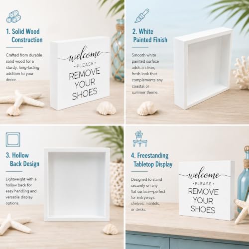 Welcome Remove Shoes Wood Box Sign, Minimalist "Please Remove Your Shoes" Decor Signs, Simple Black & White Block Sign For Beach House Entryway, Practical Summer Home Decor Gift, 4.9x4.9 Inch