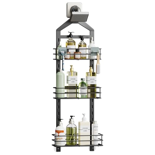 Orimade Adjustable Anti-slip Shower Caddy over Head, Rustproof Bathroom Hanging Organizer with 2 Hooks for Razor, No Drilling Shower Shelves Storage Rack 3 Tier, Black - color: Black