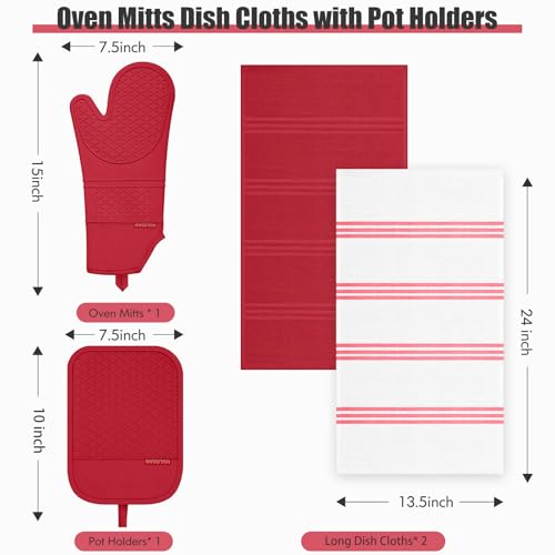 Oven Mitt and Pot Holders Sets, Quilted Cotton Terry Cloth,Non-Slip Pot Holder, Silicone Oven Mitt Heat Resistant, Oven Mittens 7.3"x14.2", Hot Pad 7"x10" & Dish Cloths 13"x25" - color: Red
