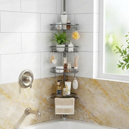 DUFU Corner Shower Caddy Tension Pole, Gray | Tension Rod Organizer, 4-Tier Adjustable, Floor to Ceiling 33-127inch, No Drilling, For Inside Shower - color: Gray