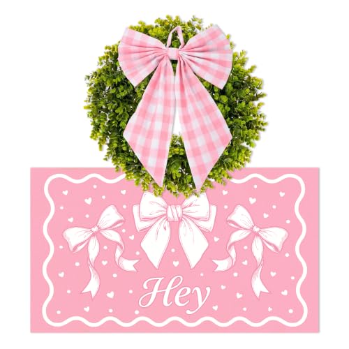 Door Mat and Wreath Set, 2 Pcs, Faux Coir, 19", Porch, Pink Bow | Pink Gingham Cute Coquette Cute Hey Doormat with Artificial Greenery Outside Decor for Front Door - color: Pink Bow Coquette