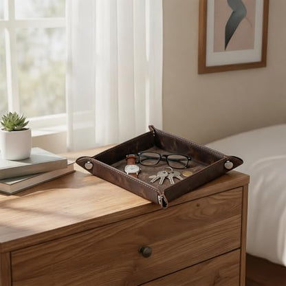 Valet Tray Desktop Storage Organizer – Vegan Leather Catchall Bedside Vanity Tray Nightstand Caddy Holder for Remote Controller, Watch, Keys, Phone, Wallet, Coin, Jewelry, Marble Brown - color: Marble Brown