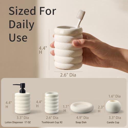 5 Pcs Ceramic Bathroom Accessories Set, White Bathroom Soap Dispenser Set | Soap Dispenser 16Oz, Toothbrush Cup, Toothbrush Holder, Soap Dish, Candle Holder,Modern Bathroom Accessory Set for Countertop - color: White-001