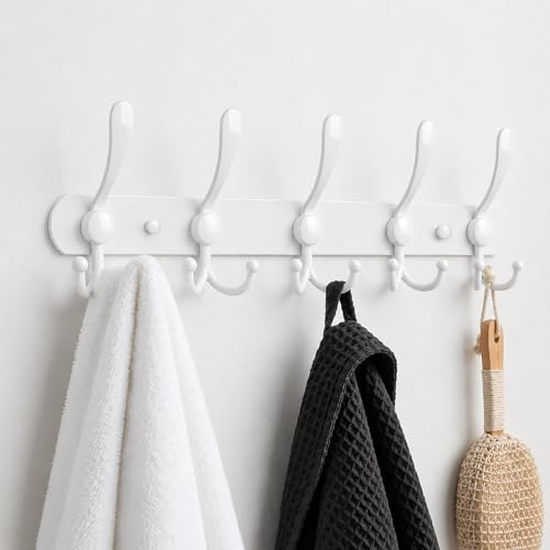 YUNISS Coat Rack Wall Mounted，5 Tri Stainless Steel Coat Hook for Coat Hat Robes Towel in Mudroom Entryway (White, 1 Pack 5 Hook) - color: White, size: 1 Pack 5 Hook