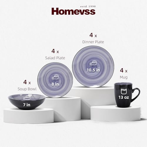 HomeVss, Sonoma Stoneware 16pc Dinnerware Set, Outside Black + Inside Hand Painting Color Cobalt - color: Cobalt
