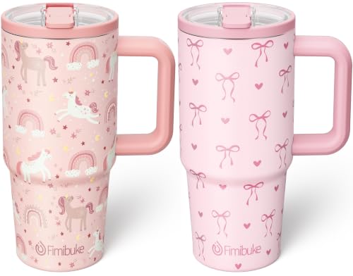 Fimibuke 20oz Kids Insulated Tumbler with Handle, Toddler Water Bottle | Leakproof 18/8 Stainless Steel Cups w/ Flip Straw Lid & Silicone Straw, BPA Free Water Bottle Kids School Gift for Boys Girls - color: Unicorn & Pink Bow