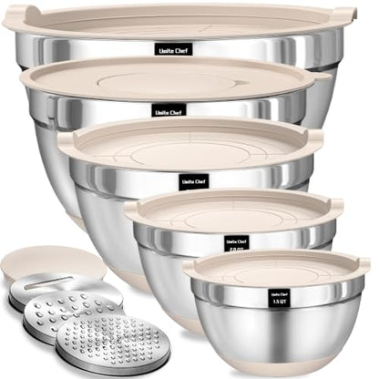 Umite Chef Mixing Bowls with Airtight Lids Set, 8PCS Stainless Steel Nesting Bowls with Grater Attachments, Non-Slip Bottoms, 5, 4, 3.5, 2, 1.5QT for Mixing & Serving - color: Khaki