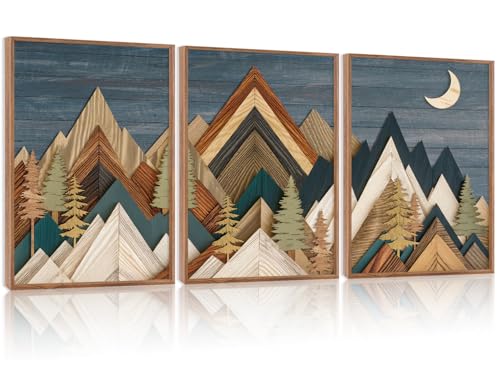HPINUB Mountain Woodcut Style Framed Canvas Wall Art, (Set of 3,12X16 Inch) Vintage Pine Tree Wall Decor, Nature Country Wilderness Forest Artwork,Modern Navy blue Art Prints for Living Room,Bedroom - color: Vintage Mountains Wall Art