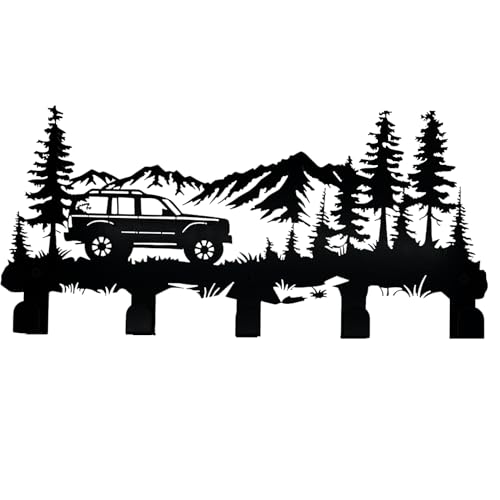 Metal Car Coat Hooks and Key Holder, Mountain Design Wall Art Decor with 5 Hooks, Clothes Hat Rack, and Backpack Hanger, Storage Decor for Living Room, Hallway, Office, Kitchen, Entryway, and Bedroom - color: Car