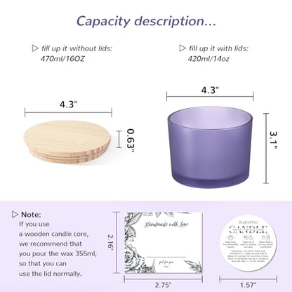 6 Pack Glass Candle Jars with Lids (16oz, Frosted Purple) - Large Candle Jars for 3 Wick Candles Making - Empty Candle Jars Containers - Candle Making Accessories include 16Pcs Candle Labels - color: Frosted Purple