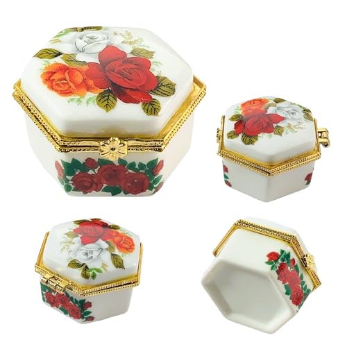 Tiny Hexagon Porcelain Trinket Box | Rose Bouquet | French Style Gift Box with Velvet Bag - style: Rose Bouquet Hexagon