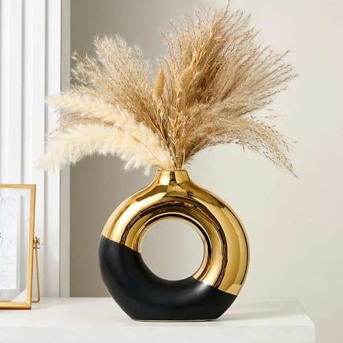 FJS Black and Gold Decorative Vase, Round Vase Centerpiece for Table Decor | Ceramic Black and Gold Vase for Pampas Grass, 10"L x 10"H Round Centerpiece for Living Room Decor, Coffee Table, Shelf Decor - color: Black & Gold, size: Super Large(10"L×10"H)
