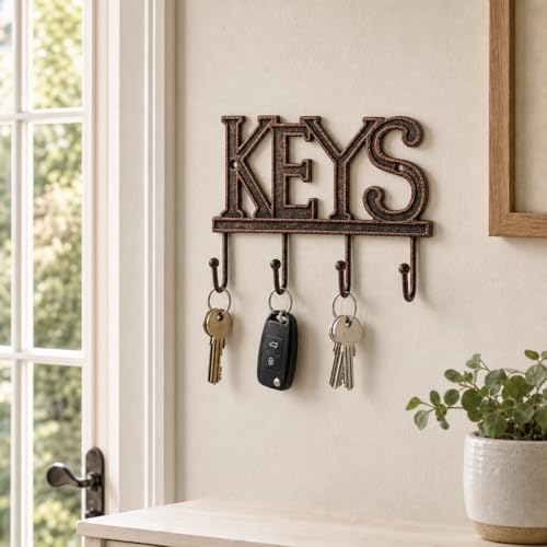 Comfify Copper-Black Cast Iron Key Holder for Wall – Keys Sign with 4 Hooks | Warm copper and black antique finish; mounting hardware included; entryway, hallway or door; 6"H x 8"L; holds 8 keychains - color: Copper with Black