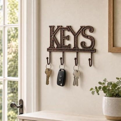 Comfify Copper-Black Cast Iron Key Holder for Wall – Keys Sign with 4 Hooks | Warm copper and black antique finish; mounting hardware included; entryway, hallway or door; 6"H x 8"L; holds 8 keychains - color: Copper with Black