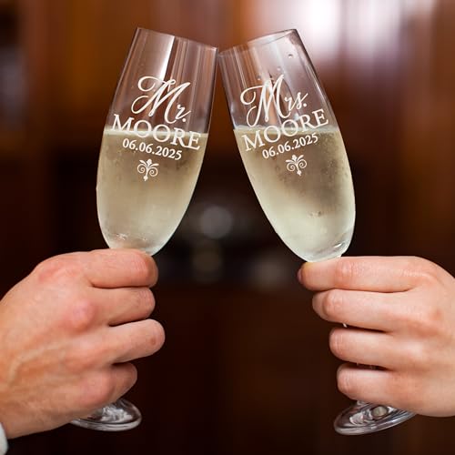 Set of 2 Personalized Champagne Flutes, Custom Engraved Toasting Glasses for Wedding, Anniversary, Bride & Groom, Couples, Laser Etched Elegant Flute Glasses for Celebrations & Gifts