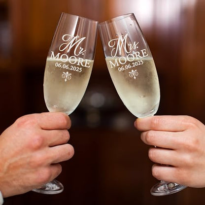 Set of 2 Personalized Champagne Flutes, Custom Engraved Toasting Glasses for Wedding, Anniversary, Bride & Groom, Couples, Laser Etched Elegant Flute Glasses for Celebrations & Gifts