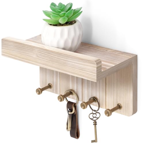 Rebee Vision Key Holder Wall Mount with 4 Hooks for Entryway, Natural Wood | Key and Mail Holder for Wall, Mini Floating Shelf, Mail Organizer, Perfect for Apartment Essentials, Compact Storage - color: D - Natural, size: Small - 8 inch