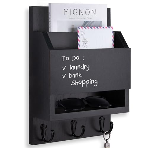 Key and Mail Holder for Wall with Chalkboard and Long Storage Box | Key Holder, Key Hanger with 3 Sturdy Hooks for Coat, Dog Leash, Entryway Mail Organizer - color: Black