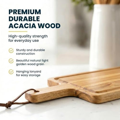 Acacia Wood Carving Board | 17" x 9.75" Charcuterie & Serving Board | Handle with Lanyard | Beveled Edge Design - color: Acacia, style: Wide Rectangle Non-Customizable