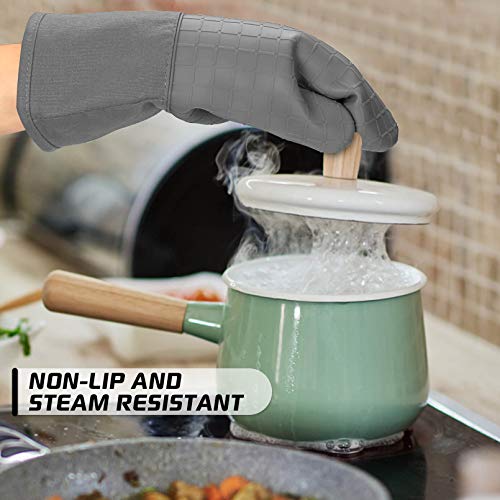 BPA-Free Soft Silicone 4 Piece Oven Mitts & Pot Holders Set - Ultra Heat Resistant Oven Mitts with Thick Cotton Liner - Long Slip Resistant Pot Holders, Flexible Oven Gloves - Gray - color: Gray, size: 4-Piece Oven Mitts & Pot Holders Set