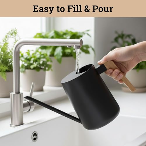 Metal Small Indoor Watering Can with Long Spout & Real Wood Handle, 35oz | Long Spout, Stainless Steel, Real Wood Handle, Gentle Flow, No Spills, Suitable for House Plants, Succulents & Seedlings - color: Black
