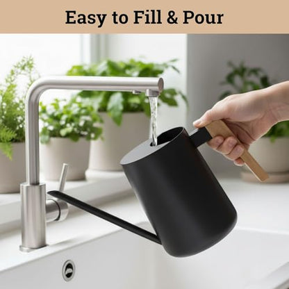 Metal Small Indoor Watering Can with Long Spout & Real Wood Handle, 35oz | Long Spout, Stainless Steel, Real Wood Handle, Gentle Flow, No Spills, Suitable for House Plants, Succulents & Seedlings - color: Black