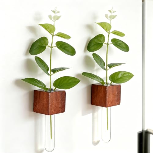 WLLHYF Magnetic Test Tube Flower Vases for Refrigerator Set of 2 Wooden Fridge Magnet Planters with Glass Tubes Propagation Station for Hydroponic Display (No Plant Included)