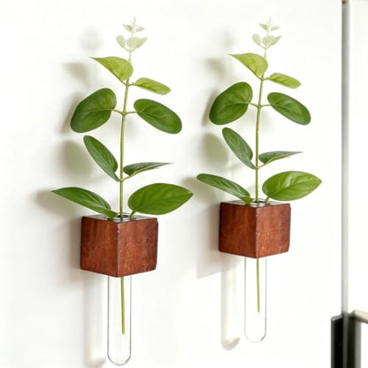 WLLHYF Magnetic Test Tube Flower Vases for Refrigerator Set of 2 Wooden Fridge Magnet Planters with Glass Tubes Propagation Station for Hydroponic Display (No Plant Included)