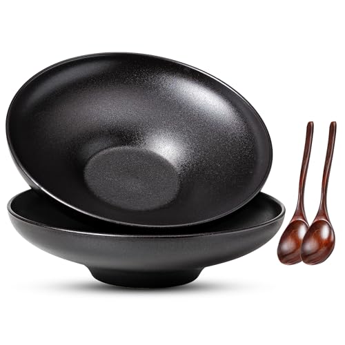 Ceramic Serving Bowls with Wooden Spoons Set of 2, Large Serving Bowl for Dinner Salad Soup Pasta Dessert Fish Fruit Chicken Bread, Oven Dishwasher Safe, 50oz Bowl for Entertaining, 9.75" Pure Black - color: Black