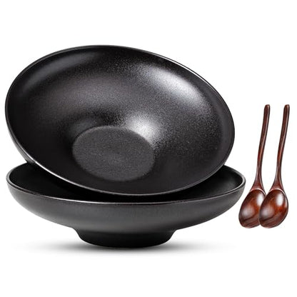 Ceramic Serving Bowls with Wooden Spoons Set of 2, Large Serving Bowl for Dinner Salad Soup Pasta Dessert Fish Fruit Chicken Bread, Oven Dishwasher Safe, 50oz Bowl for Entertaining, 9.75" Pure Black - color: Black