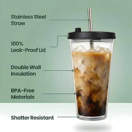Reusable Iced Coffee Cup with Lid and Straw, 16 oz/Grande, BPA-Free Double-Wall Insulated Plastic Tumbler for Cold Drinks, Includes Clear Plastic Straw, Stainless Steel Straw and Cleaning Brush, Black - color: Black, size: 16 Ounces