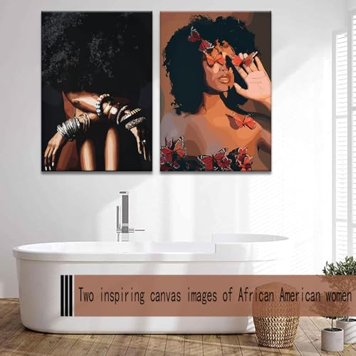Framed Modern Abstract African American Women Wall Art (Set of 2), Canvas HD Print, Bohemian Black Girl with Energetic Butterfly Decor, Black Inspirational Contemplative Poster, Meditation Inspirational & Trendy Prints, Living Room, Bedroom, Bathroom, Off