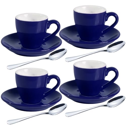 homEdge Porcelain Espresso Shot Cup Set with Saucers and Stainless Steel Spoons - 80 ml / 2.67 oz, Set of 4, Navy - color: Navy