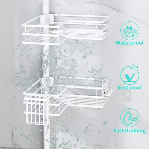 HapiRm Corner Shower Caddy Organizer - Shower Organizer Corner with Soap Holder, Toothbrush Holder and 4 Hooks, Rustproof Bathroom Shelf Tension Pole Available for 27.6 to 108.3 Inch - White