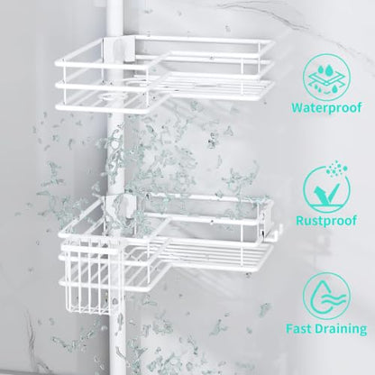 HapiRm Corner Shower Caddy Organizer - Shower Organizer Corner with Soap Holder, Toothbrush Holder and 4 Hooks, Rustproof Bathroom Shelf Tension Pole Available for 27.6 to 108.3 Inch - White