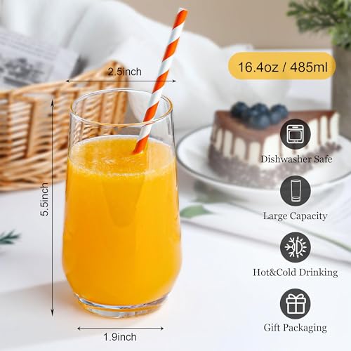 Drinking Glasses Set of 6, 16.4oz Highball Glasses, Crystal Clear Tall Water Glasses, Glass Cups for Cocktail, Juice, Iced Tea, Mojito and Smoothies, Clear Glassware Set, Gifts - size: Tall -16 oz