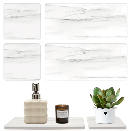 4 Water Absorbing Stone Drying Tray Bathroom Sink Kitchen Counter Soap Dish | Small Diatomite Toothbrush Holder Quick Dry Mat Marble Bathroom Vanity Trays Diatomaceous Earth Dish Coaster Kitchen Counter - color: White Marble
