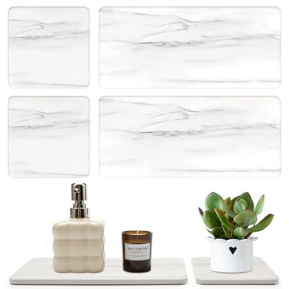 4 Water Absorbing Stone Drying Tray Bathroom Sink Kitchen Counter Soap Dish | Small Diatomite Toothbrush Holder Quick Dry Mat Marble Bathroom Vanity Trays Diatomaceous Earth Dish Coaster Kitchen Counter - color: White Marble